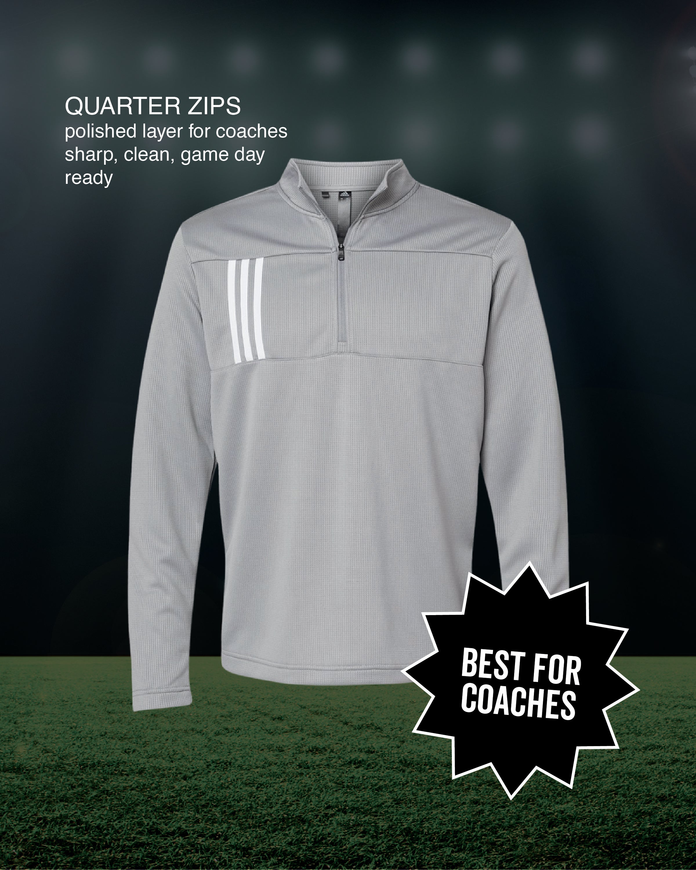 Light gray custom quarter zip pullover for coaches and sports staff by VAST Apparel