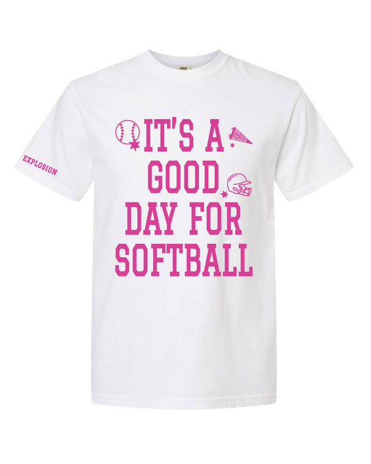 USA Explosion Softball - Comfort Colors Tee - It's A Good Day For Softball (Front) Explosion (Sleeve) - 1717