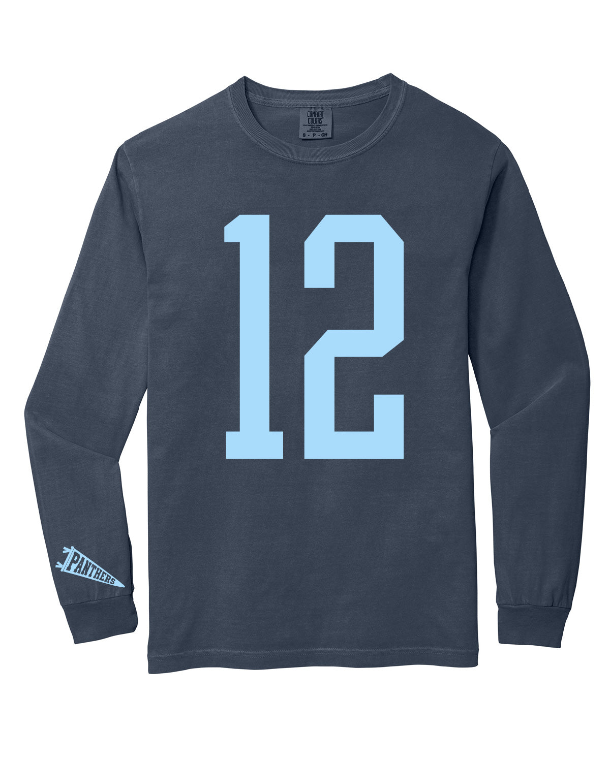 West Jefferson High School x VAST Apparel - Long Sleeve Comfort Colors Tee - Custom Number Front - Panthers Pennant Flag Sleeve