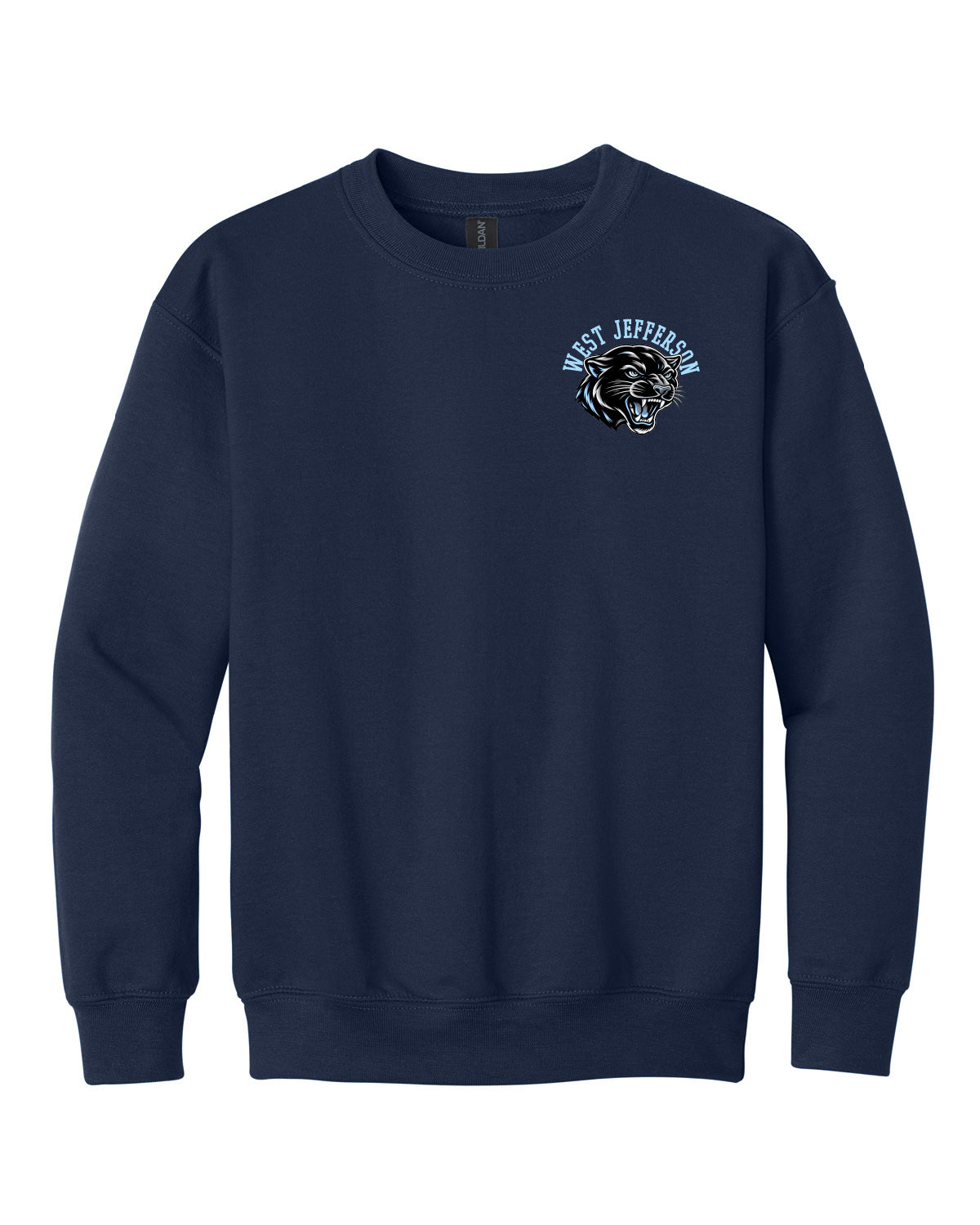 West Jefferson High School x VAST Apparel - Youth Gildan Crewneck - WEST JEFFERSON Pocket Front / PANTHERS (Repeating) Back