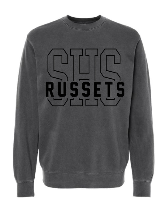 Shelley High School x VAST Apparel - PRM3500 - Black Pigment Crewneck - SHS Outline - RUSSETS