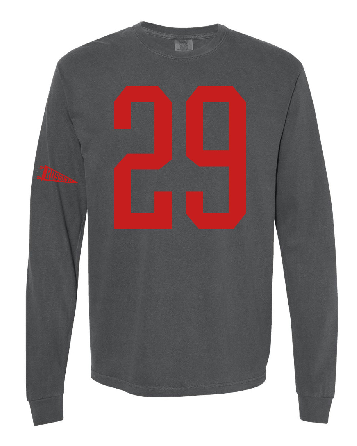 Shelley High School x VAST Apparel - Long Sleeve Comfort Colors Tee - Custom Number Front - Russet Pennant Flag Sleeve