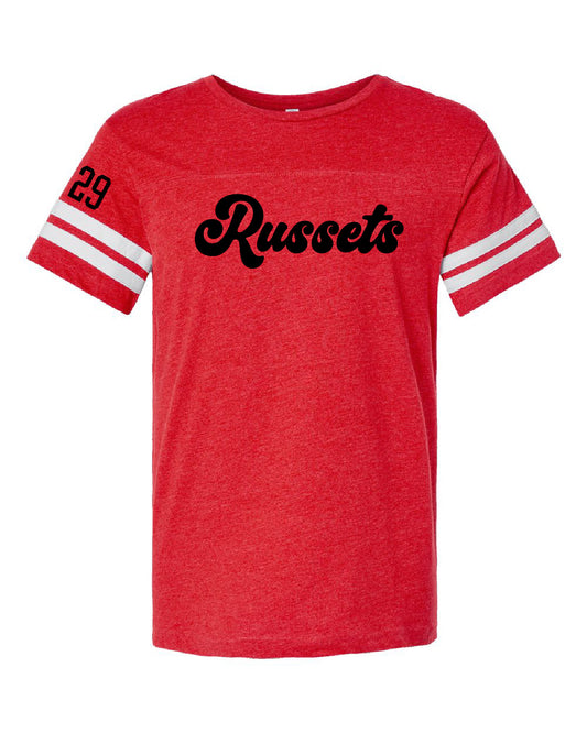 Shelley High School x VAST Apparel - Varsity Striped Shirt - 6937 - Custom Number Sleeve - Russet Cursive