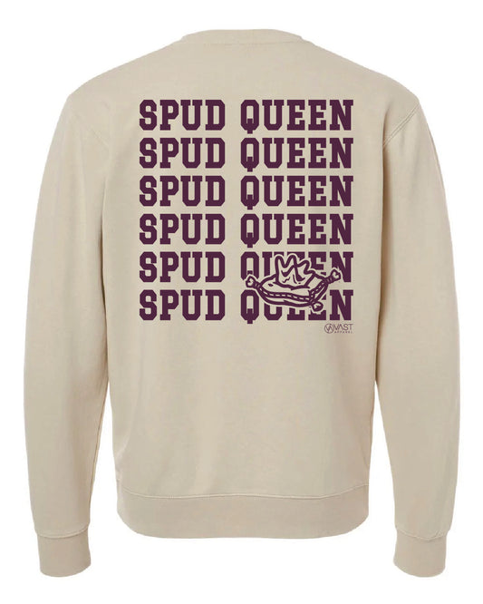 Spud Queen - Printed - Pocket Logo and Repeated Spud Queen Back - Independent Pigment Crewneck - PRM3500