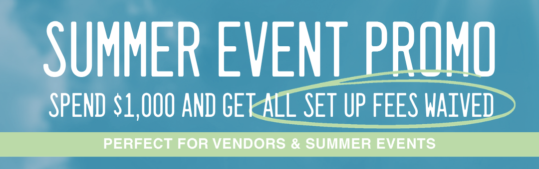Summer event promo banner advertising waived setup fees for custom merch orders for vendors and summer events by VAST Apparel