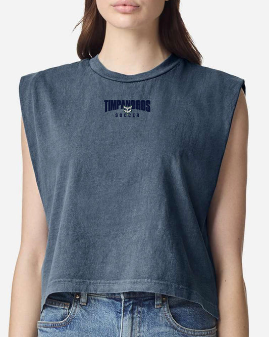 Timpanogos Soccer - Women's Heavyweight Cotton Garment-Dyed Muscle Tee - Small and Centered Blue Printed Logo - 307GD