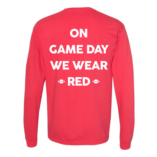 Shelley Russets - On Game Day We Wear Red - Paprika LONG Sleeve Comfort Colors Tee