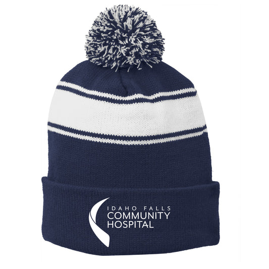 Embroidered Stripe Pom Pom Beanie - Idaho Falls Community Hospital
