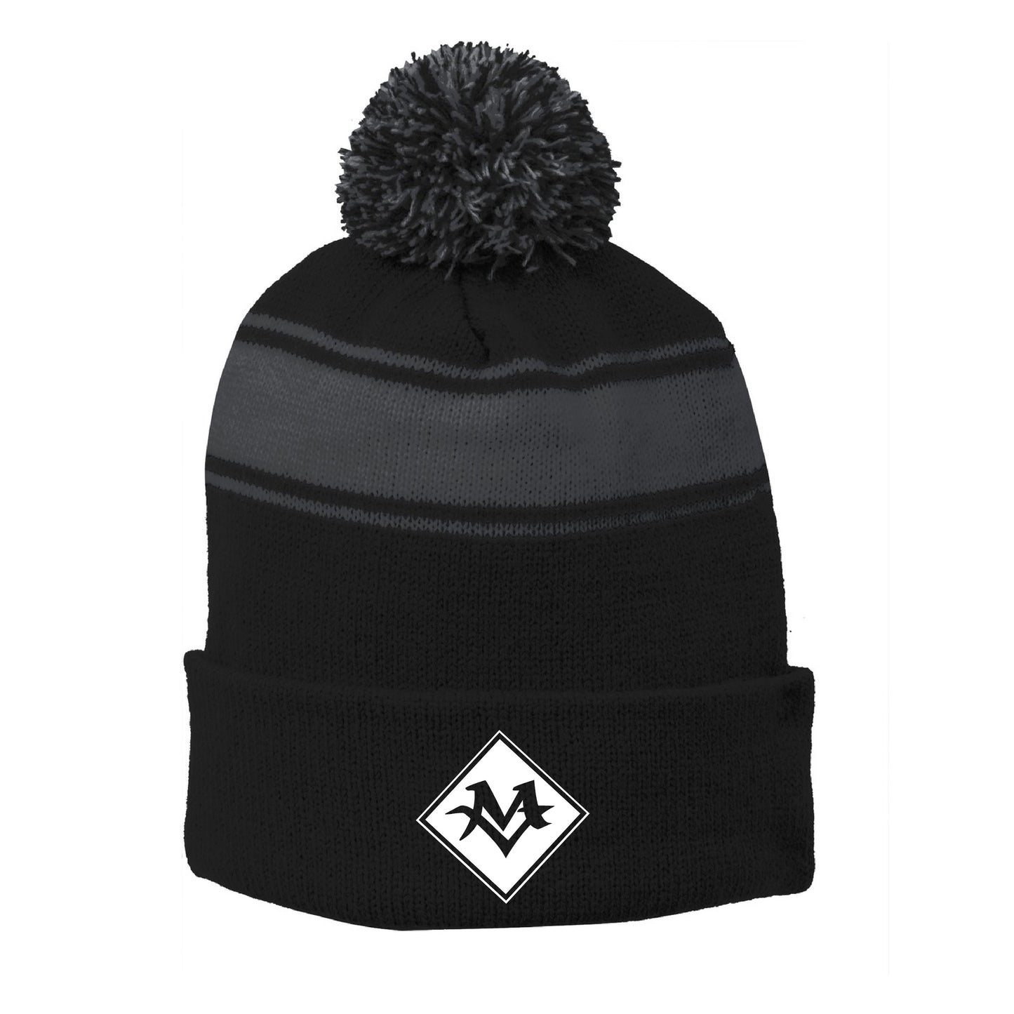Embroidered Stripe Pom Pom Beanie - Mountain View Hospital