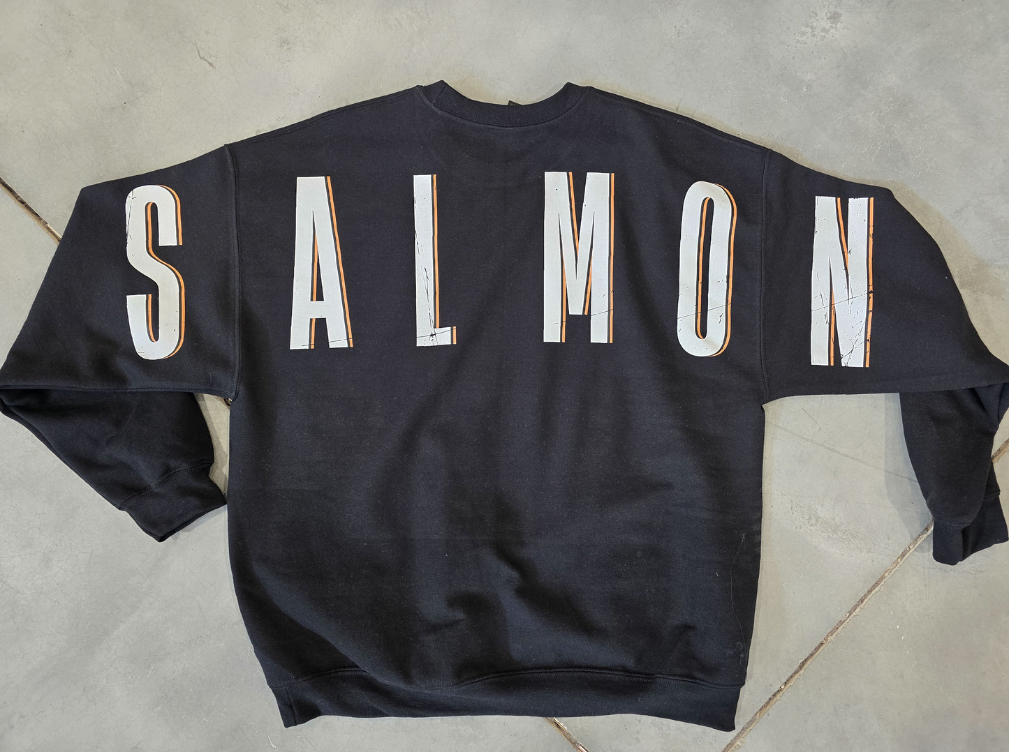 Oversized SALMON & (small centered) Let's Go Salmon - Black Crewneck Sweatshirts