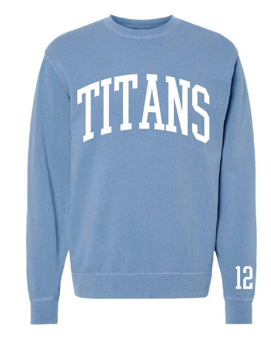 Thunder High School x VAST Apparel - PRM3500 - Light Blue Pigment Crewneck - TITANS - Custom Number Sleeve