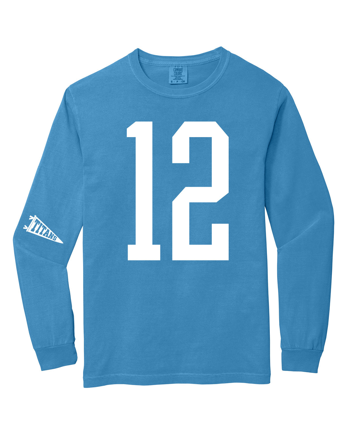Thunder High School x VAST Apparel - Long Sleeve Comfort Colors Tee - Custom Number Front - Titans Pennant Flag Sleeve